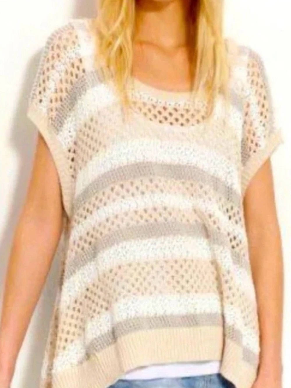 Free People Tunic Top Beige Ivory Striped Short Sleeve Knit Crochet Size SP